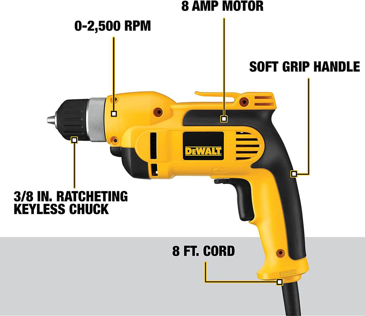 DEWALT Taladro con cable, 7.0 amp, 3/8 pulgadas, empuñadura de pistola (DWD110K) - DIGVICE MX