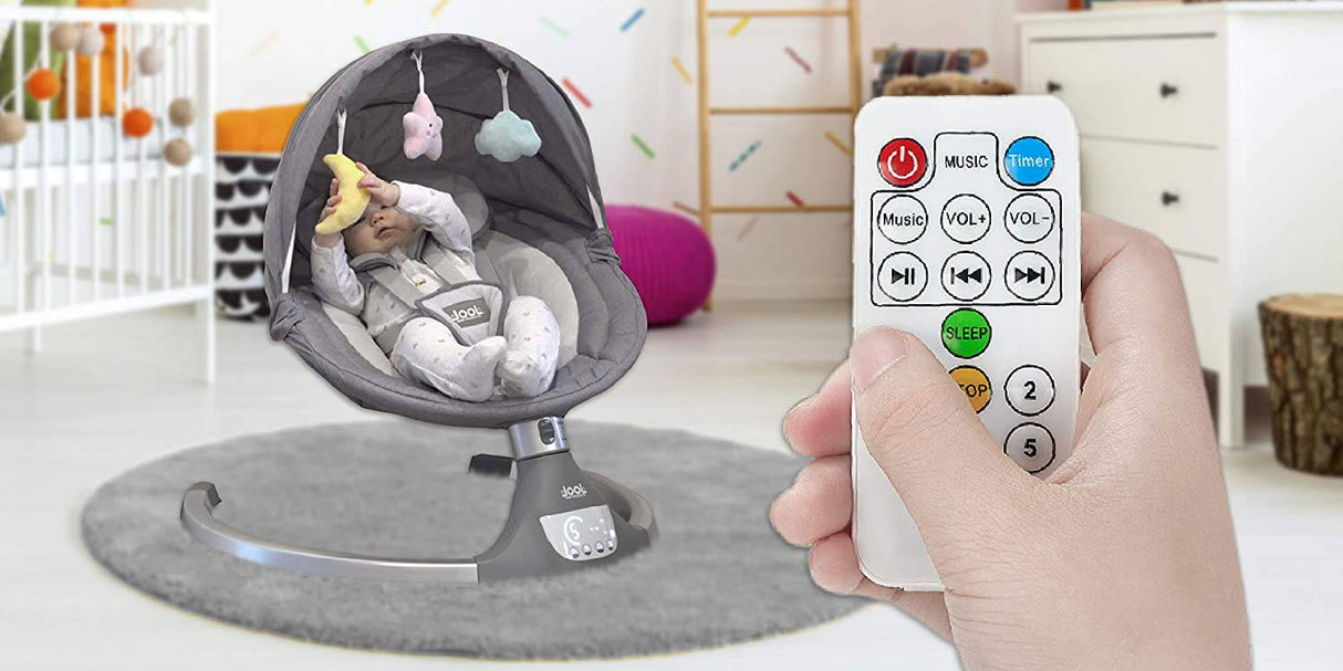 Nova Baby Swing para bebés - Columpio portátil motorizado, altavoz de música Bluetooth con 10 canciones de cuna preestablecidas, control remoto, gris - Jool Baby - DIGVICE MX