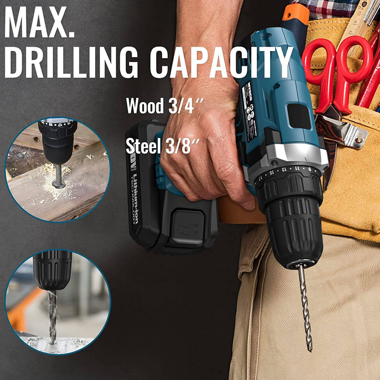 Taladro/conductor inalámbrico, juego de taladro eléctrico WESCO de 20 V con batería de iones de litio y cargador, embrague de 21+1, par de 120 In-lb, portabrocas sin llave de 3/8", luz LED y caja de almacenamiento incluida/WS2972KU - DIGVICE MX