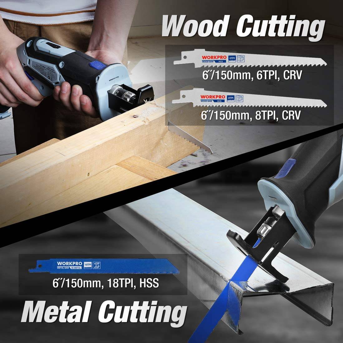 WORKPRO Sierra alternativa inalámbrica de 12 V con mordaza de sujeción, batería de iones de litio de 2 Ah con cargador rápido de 1 hora, velocidad variable y cambio de hoja sin herramientas, 3 hojas de sierra para corte de madera y metal - DIGVICE MX