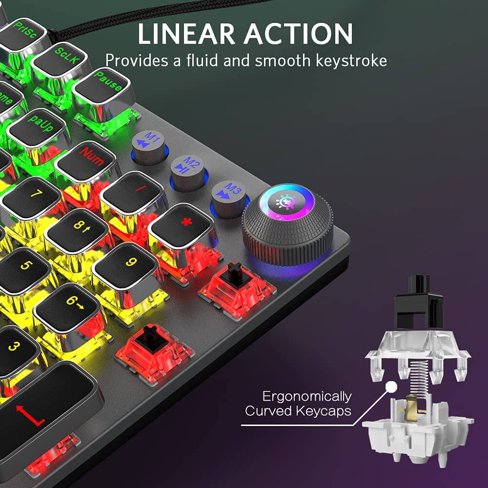 Fiodio - Teclado mecánico para juegos, retroiluminación LED Rainbow Gaming, 104 teclas anti-efecto fantasma, interruptores negros de respuesta rápida, control multimedia para PC y computadora de escritorio, con reposamanos extraíble