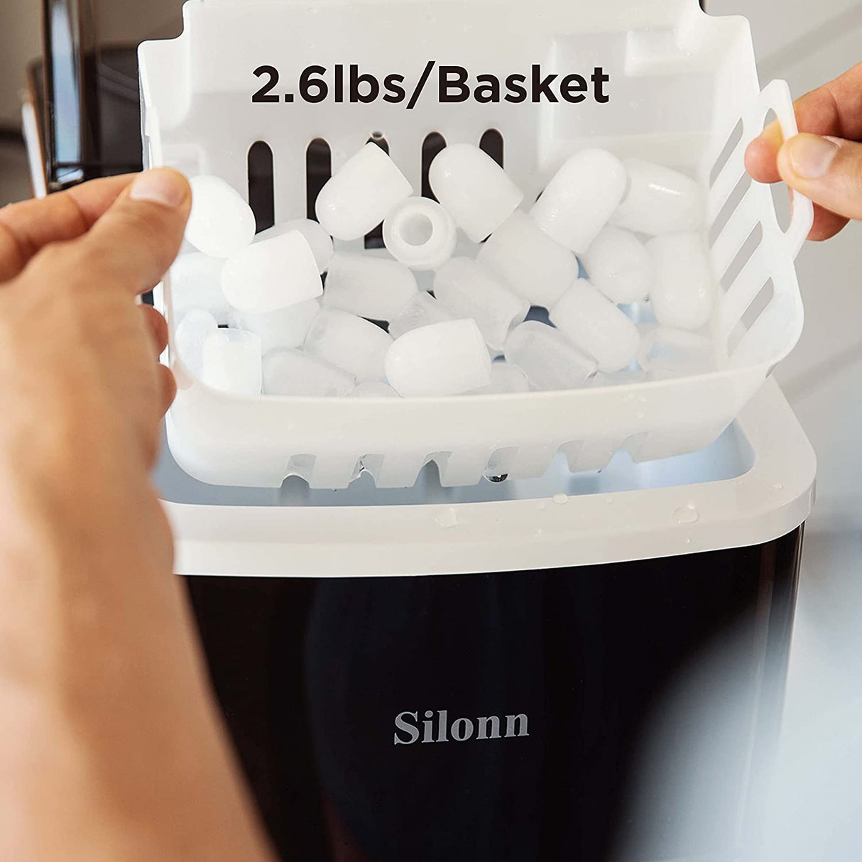 Silonn Ice Makers encimera, 9 cubos listos en 6 minutos, 26 libras en 24 horas, máquina de hielo autolimpiante con pala de hielo y cesta, 2 tamaños de hielo de bala para el hogar, cocina, oficina, bar, fiesta - DIGVICE MX