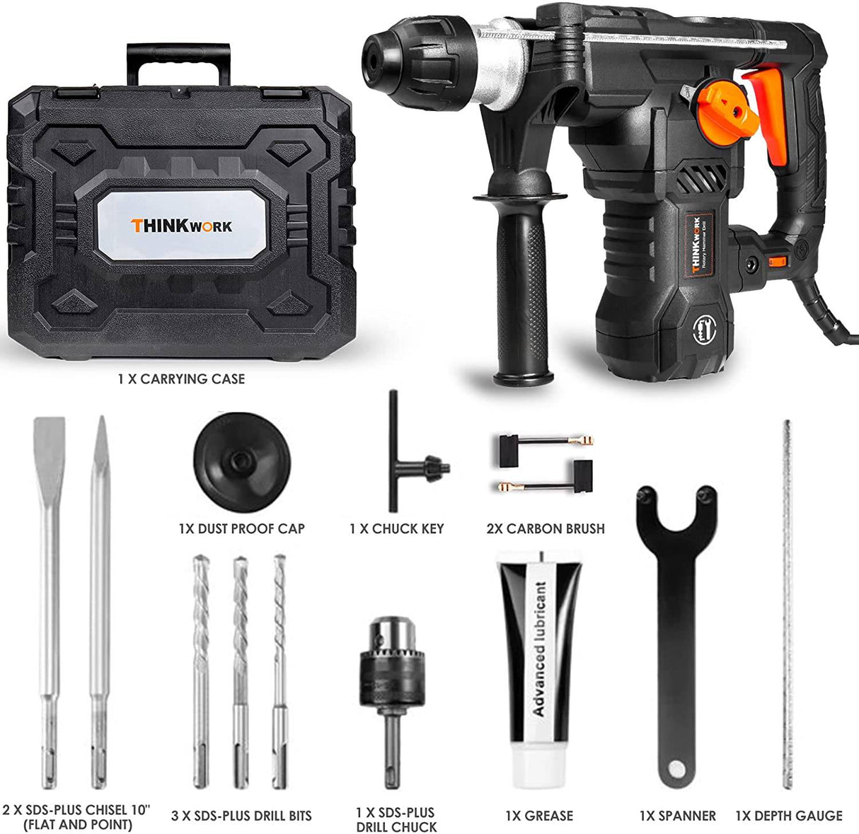 THINKWORK SDS-Plus - Taladro de martillo giratorio resistente de 12,5 amperios, 4350 BPM, 7j, martillo de demolición de 1-1/4 pulgadas con 4 funciones, doble aislamiento, sistema de amortiguación, embrague de seguridad, para hormigón, metal y piedra - DIGVICE MX