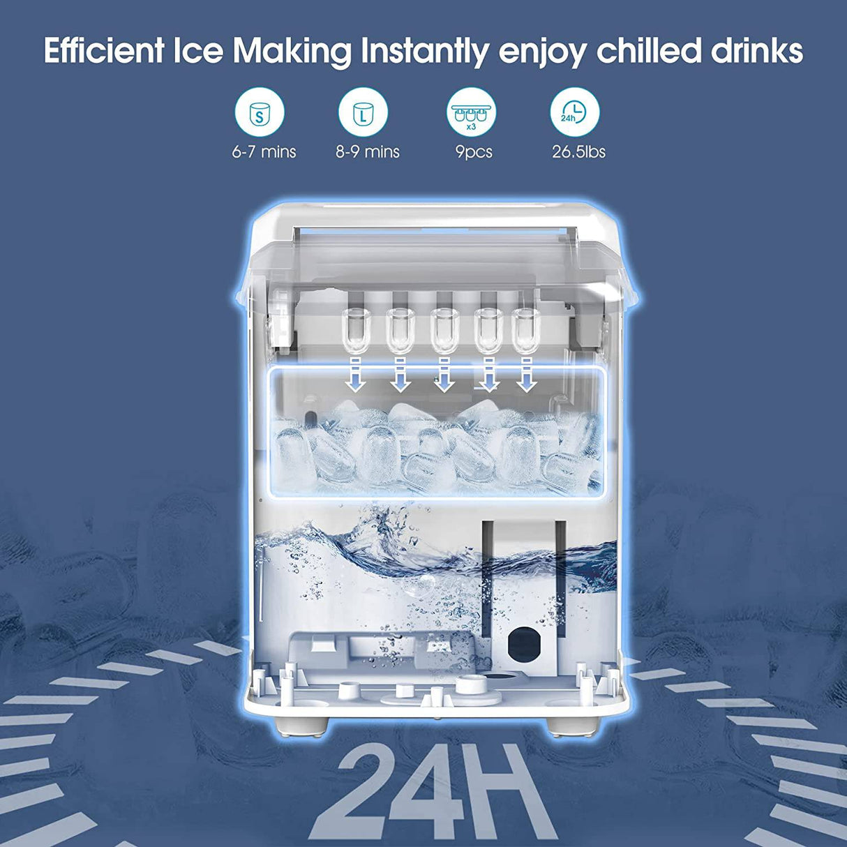 LERIZOM - Encimera para hacer hielo, máquina para hacer hielo portátil, 26 lb/24 horas, 9 cubitos de hielo tipo bala, listos en 7 minutos, función de autolimpieza, tamaño L y S, con cuchara para hielo y cesta, - DIGVICE MX