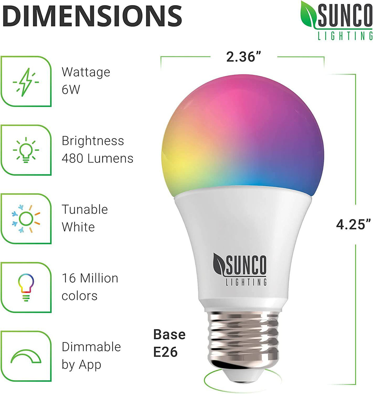 Sunco Lighting Bombillas WiFi inteligentes Alexa, A19 LED inteligente regulable, cambio de color RGB, 6 W, 480 lm, base E26, multicolor, compatible con Amazon Alexa y Google Assistant, blanco sintonizable 4 Pack - DIGVICE MX