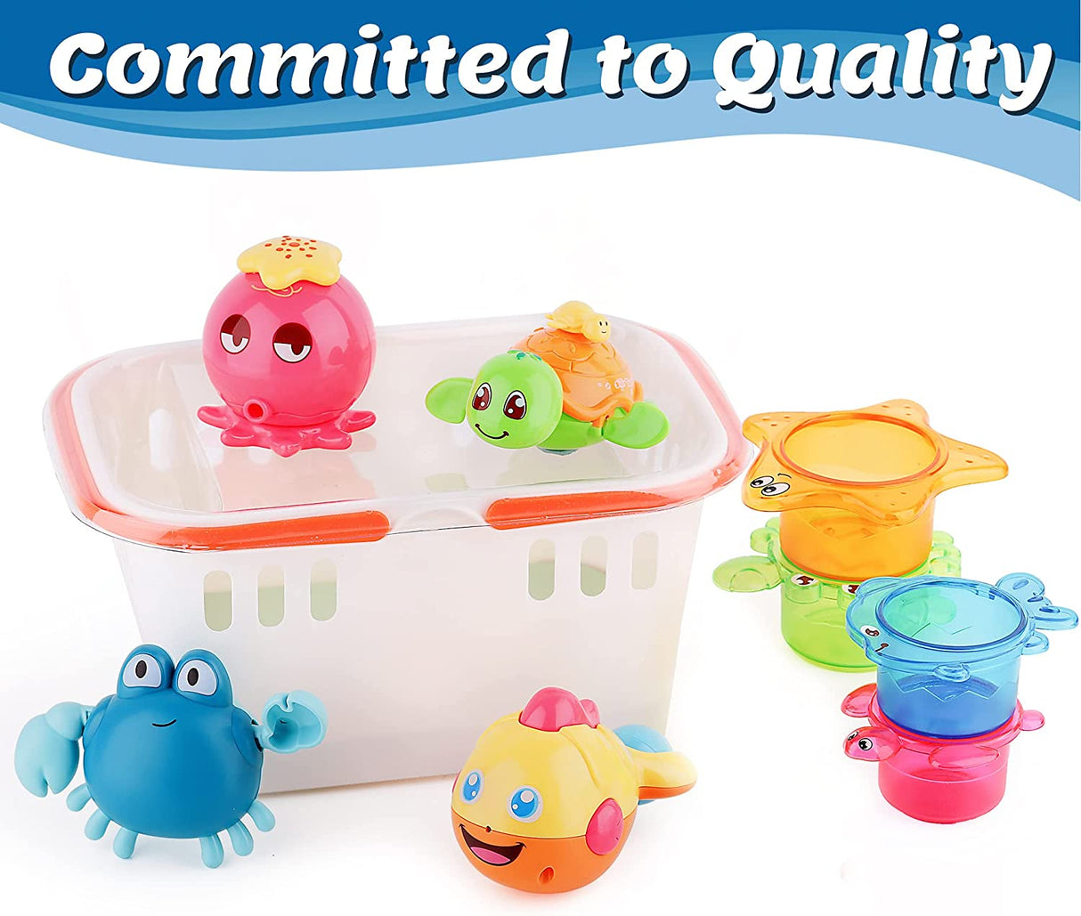 iPlay, iLearn Juguetes de baño para bebés con organizador, pulpo que lanza chorros de agua, tortuga de natación con cuerda, bañera y ducha, vasos apilables - B07BSK7781