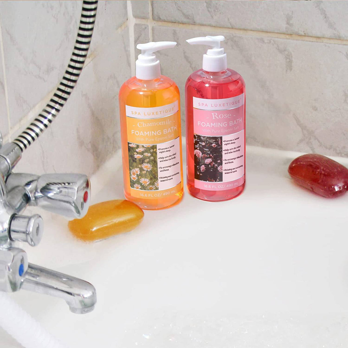 Spa Luxetique - Baño de burbujas con sal pura de Epsom, juegos de baño con aroma a rosa y manzanilla, regalo para el día de la madre, regalos de spa hidratantes y relajantes para mujeres, 33.2 oz (paquete de 2)