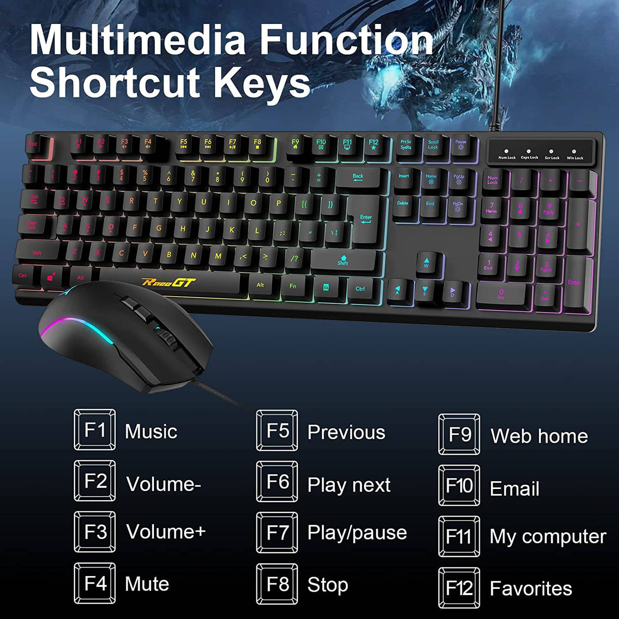 RaceGT - Combo de teclado y mouse para juegos, USB retroiluminado 104 teclas Teclado con cable Sensación mecánica, 7 botones 6400 DPI Ratón para juegos con cable, accesorios para juegos compatibles con PC portátil