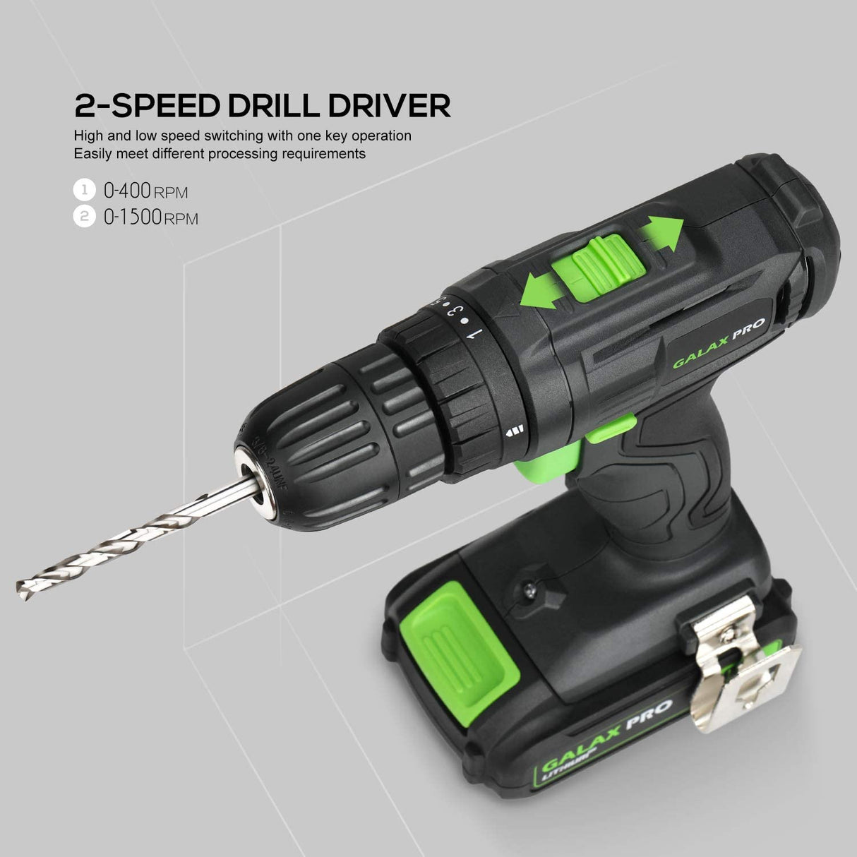 GALAX PRO Taladro compacto de 2 velocidades 20 V MAX taladro de iones de litio/controlador, taladro eléctrico de 3/8 pulgadas con ajuste de par de 19 + 1, batería de 1,3 Ah, luz de trabajo LED - DIGVICE MX