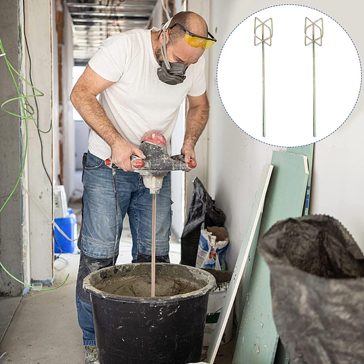 Angoily 2 piezas mezclador de barro de pintura de metal, varillas de mezcla de taladro de hormigón, mezclador de compuesto de cemento de alta resistencia, herramientas profesionales de paneles de yeso para martillo de taladro eléctrico - DIGVICE MX