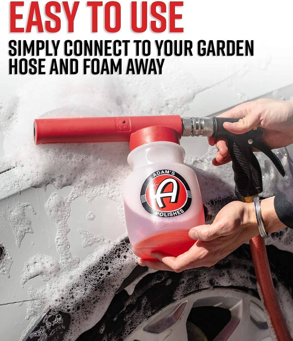 Adam's Premium Pistola de espuma para lavado de autos para manguera de jardín | Mezclar con agua y jabón para coche y no requiere lavadora a presión. Pulverizador de espuma para limpieza y detallado de automóviles Mega Suds
