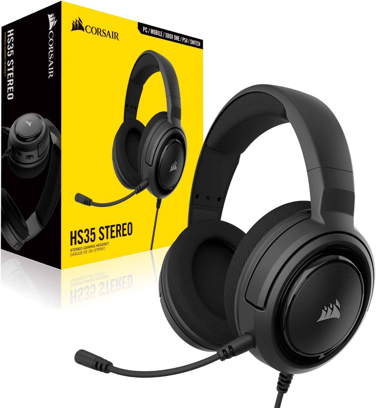Corsair HS35 - Auriculares estéreo para juegos - Auriculares de espuma viscoelástica - Funciona con PC, Mac, Xbox Series X, Xbox Series S, Xbox One, PS5, PS4, Nintendo Switch, iOS y Android - Carbón (CA-9011195-NA)