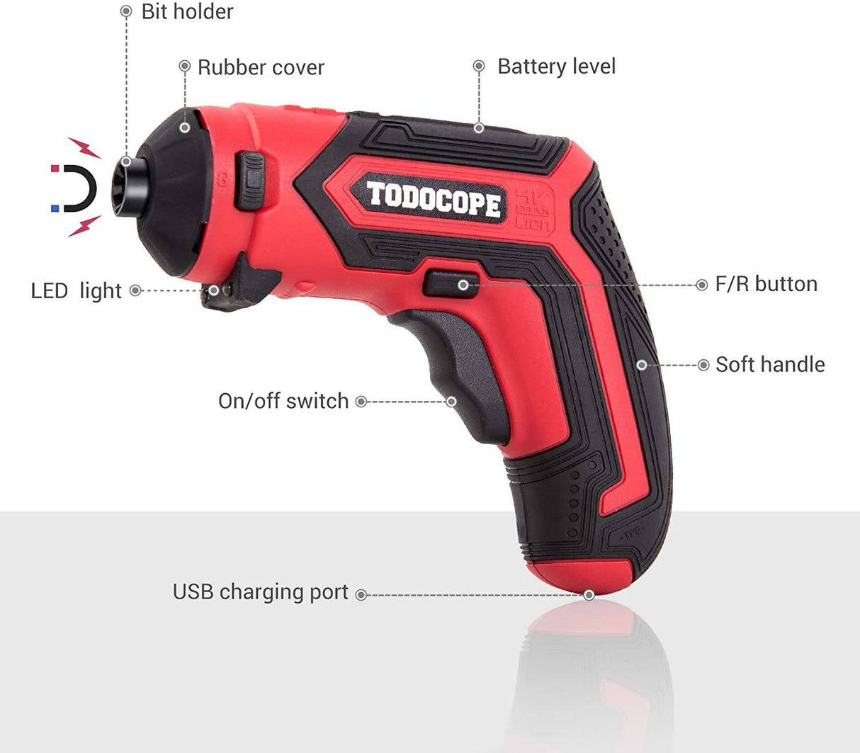 TODOCOPE Destornillador eléctrico 4 en 1 inalámbrico, 4V MAX 1500mAh Li-ion Destornillador inalámbrico recargable, con 4 accesorios multifunción y cargador - DIGVICE MX