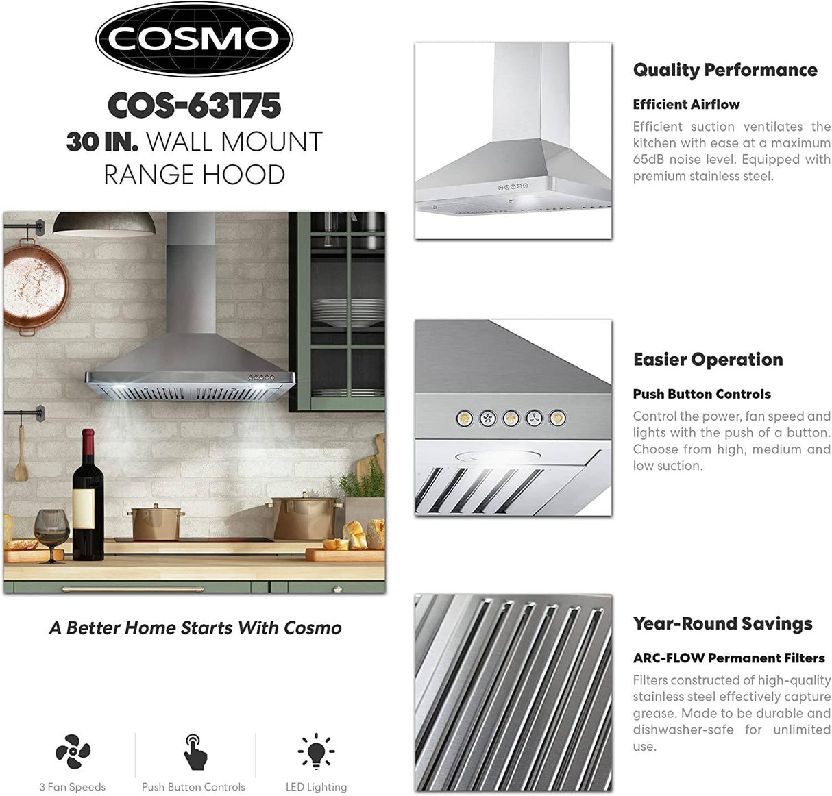 Cosmo 63175 631 Campana extractora de montaje en pared con conducto convertible sin conducto, ventilación sobre estufa estilo chimenea, 380 CFM, ventilador de 3 velocidades, filtros permanentes, luces LED en acero inoxidable, 30 pulgadas - DIGVICE MX