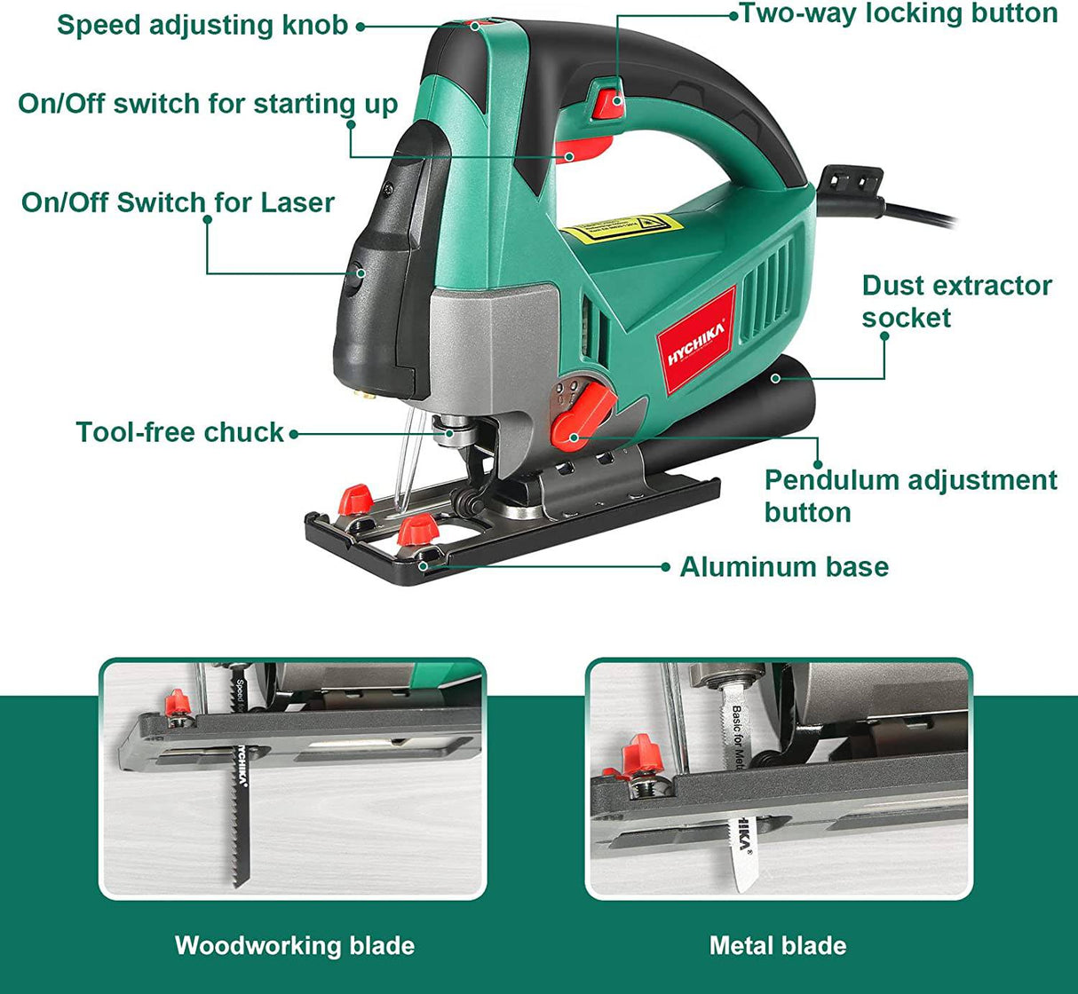 Sierra de calar HYCHIKA, sierra de calar orbital de 6 amperios 750 W 800-3000 SPM con 6 cuchillas de corte, 6 velocidades variadas y 4 juegos orbitales, bisel de ± 45 °, guía láser - DIGVICE MX