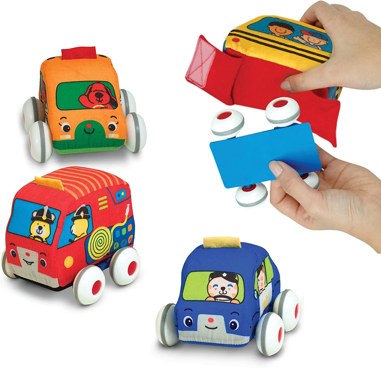 Melissa & Doug K's Kids Pull-Back Vehicle Set - Juego de juguetes suaves para bebés con 4 autos y camiones y estuche de transporte - 9168
