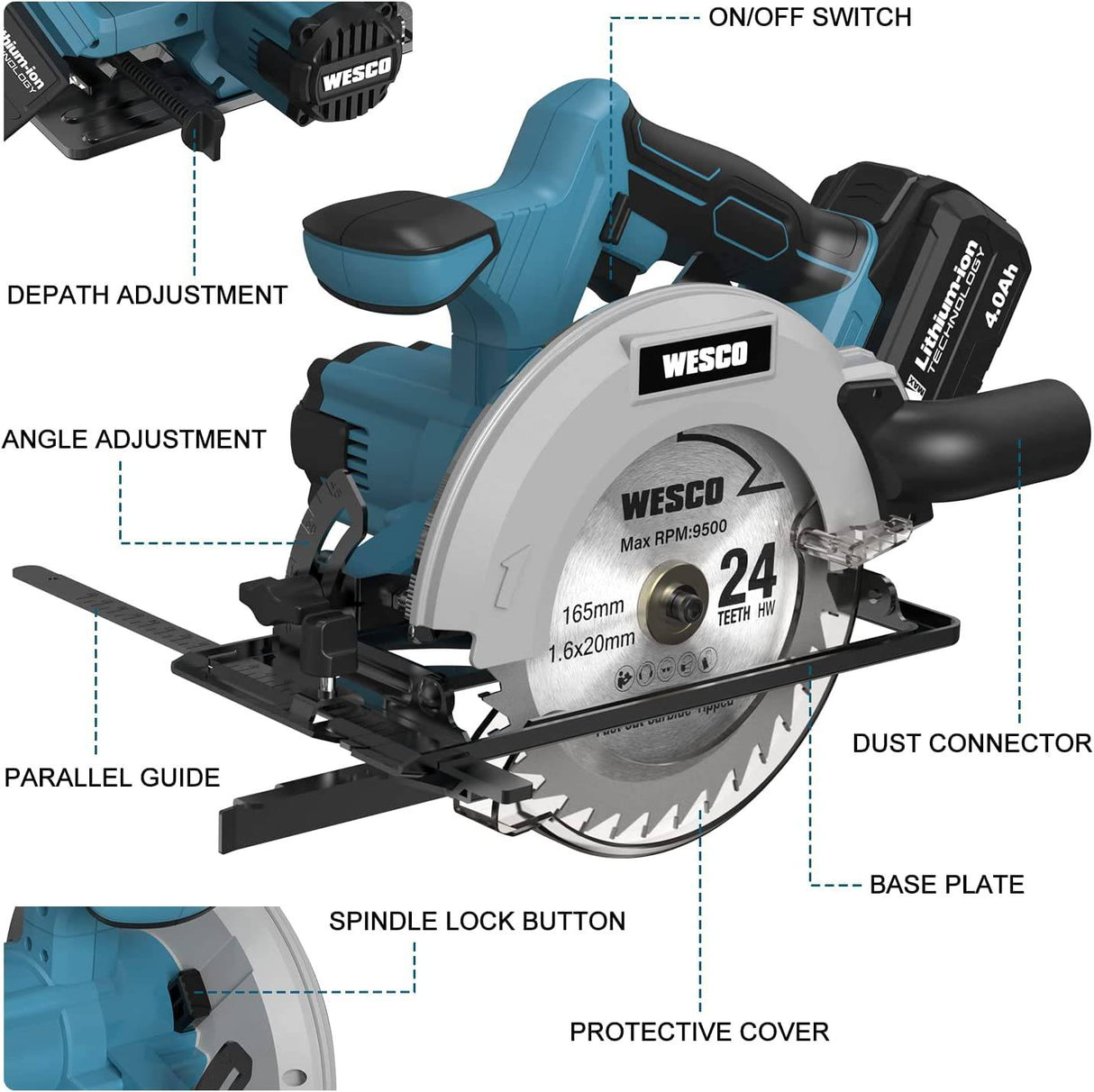 Sierra circular inalámbrica WESCO 20V 4.0Ah, 4000RPM 0-45° Corte biselado, sierra eléctrica inalámbrica de 6-1/2" con cargador, adaptador de vacío, guía paralela, hojas de corte de madera (24T / 40T)/WS2316U - DIGVICE MX