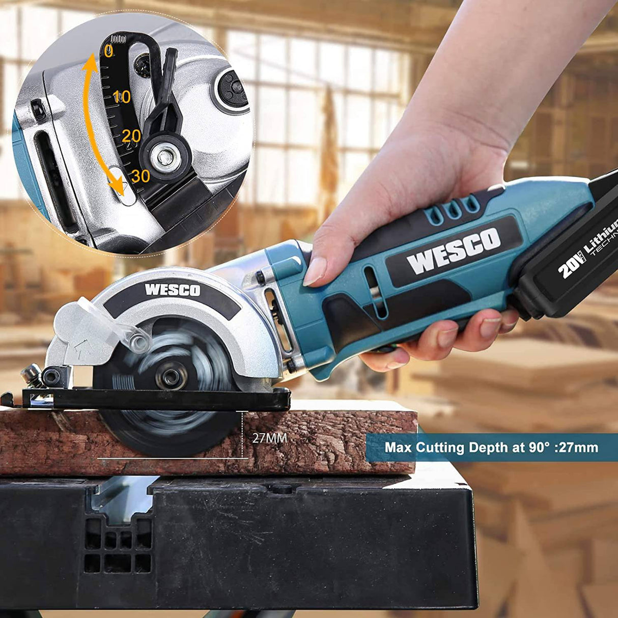 WESCO Mini sierra circular, 20 V 3-3/8 pulgadas, sierras de pista de mano inalámbricas, profundidad de corte máxima 1-1/8 pulgadas, mit guía paralela, hoja TCT 24T, para madera, hormigón, paneles de yeso, metal blando, azulejos y cortes de plástico - DIGVICE MX