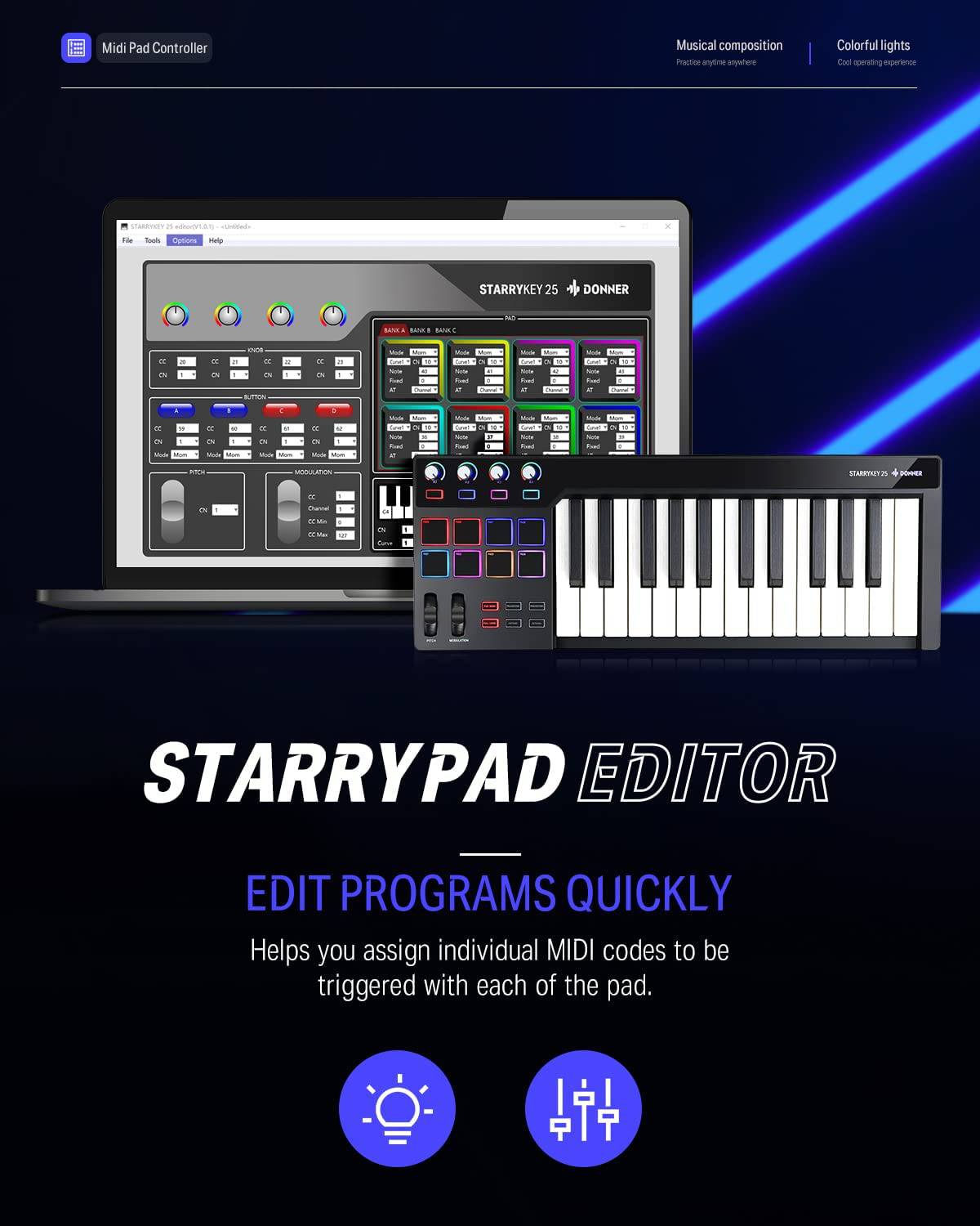 Donner STARRYKEY Teclado MIDI Controlador MIDI, 25 teclas de tamaño completo, efecto de iluminación de 7 colores, 8 almohadillas retroiluminadas sensibles a la velocidad con 24 tonos personalizados seleccionables, con salida MIDI e interfaz de pedal