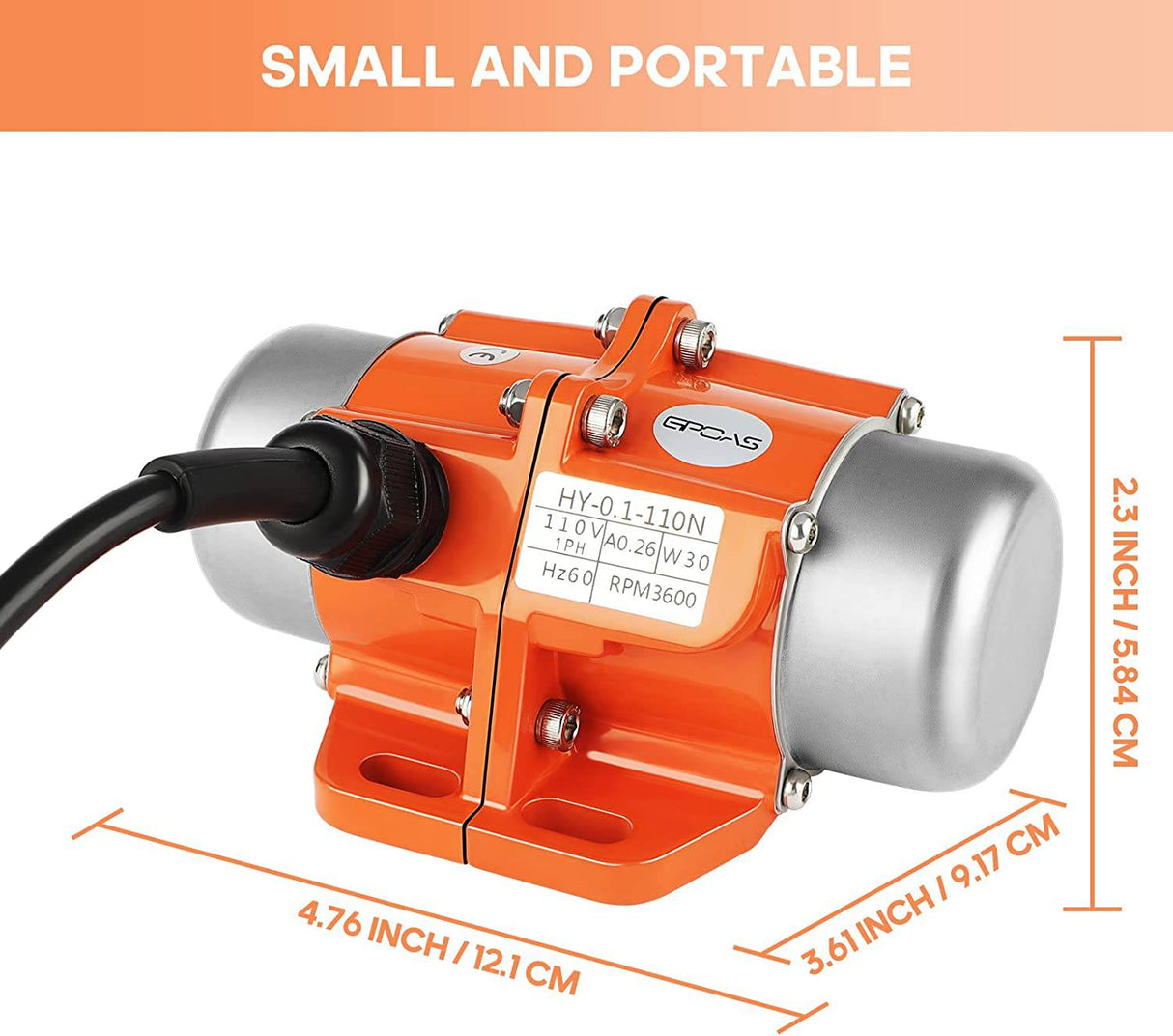 GPOAS 30W Vibrador de hormigón Motor de vibración Monofásico AC 110V 3600RPM, Caja de aleación de aluminio Vibradores vibratorios asincrónicos eléctricos para mesa agitadora (30W) - DIGVICE MX