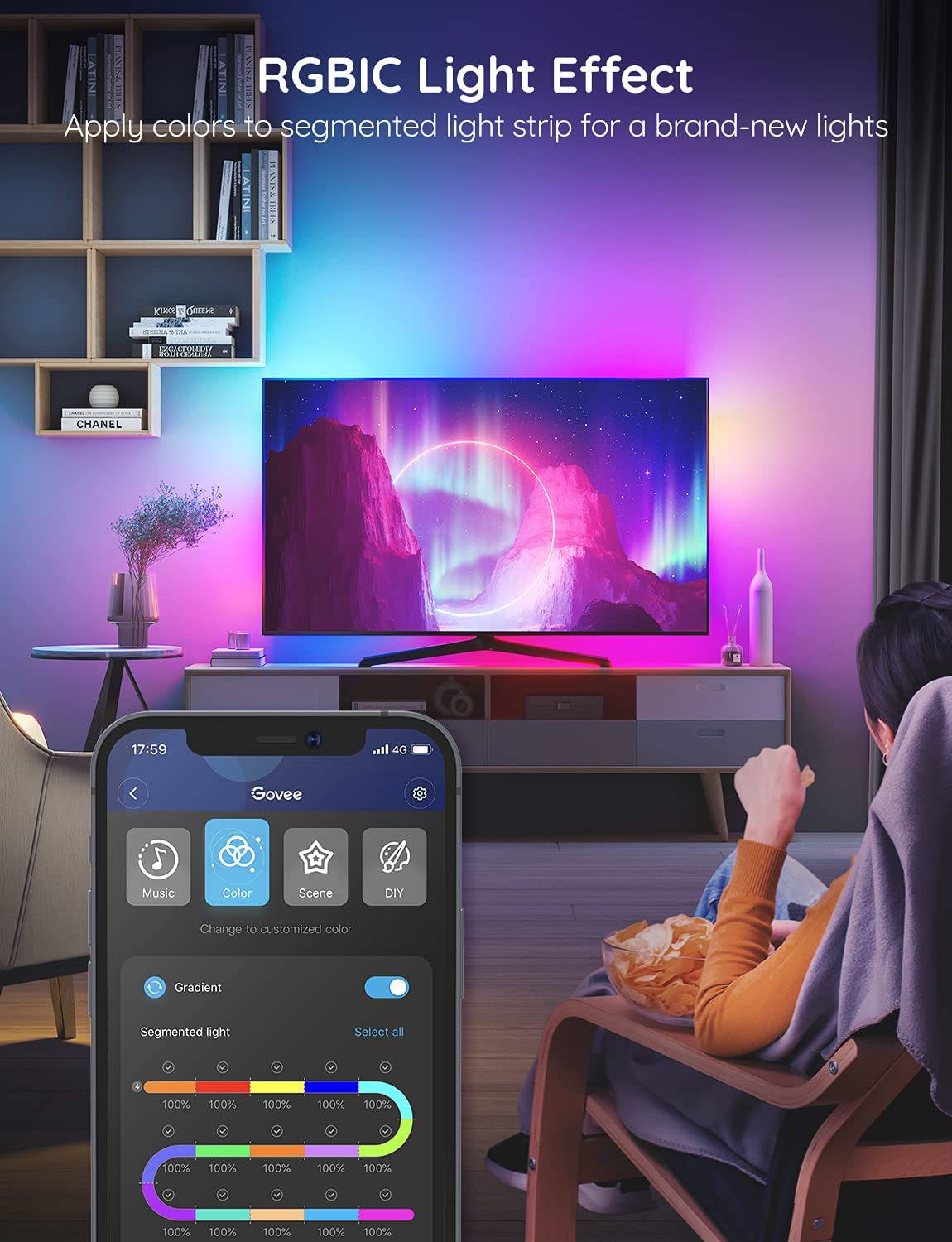 Govee RGBIC TV LED retroiluminación, luces LED para TV con control de aplicación, sincronización de música, modos de escena, tira de luces que cambian de color RGBIC de 6.56 pies para televisores de 30-50 pulgadas, alimentado por USB - DIGVICE MX