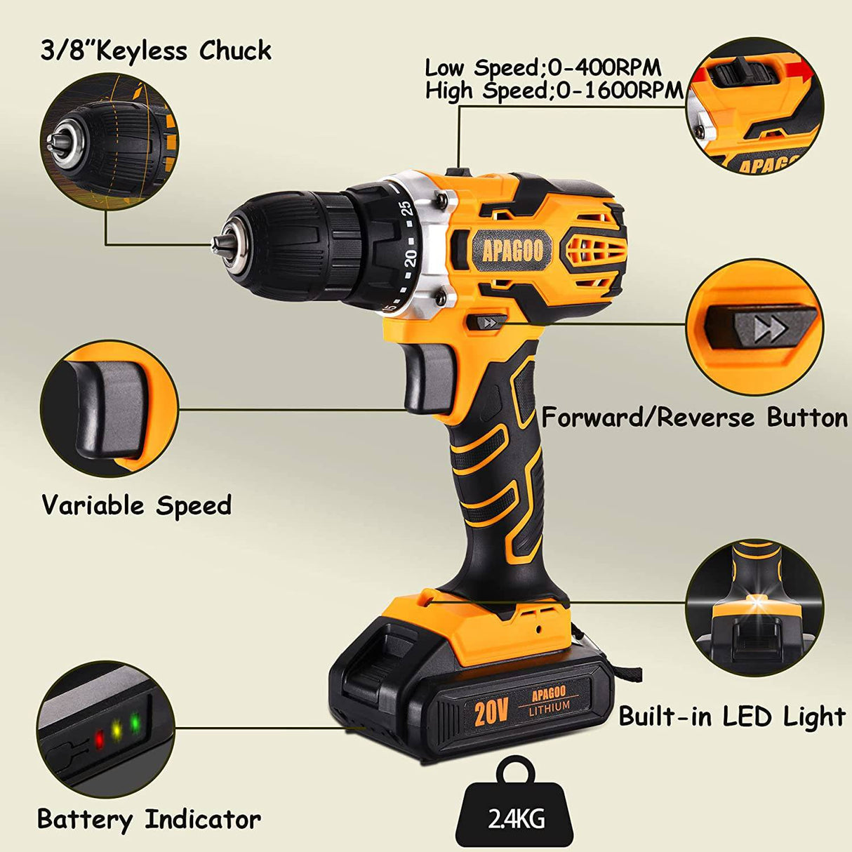 APAGOO Juego de brocas inalámbricas de 20 V, 30 unidades, 2 baterías de 2.0 Ah de 310 libras con ajuste de par de 25+2, taladro eléctrico sin llave de 3/8 pulgadas para metal, madera, perforación de azulejos de cerámica - DIGVICE MX