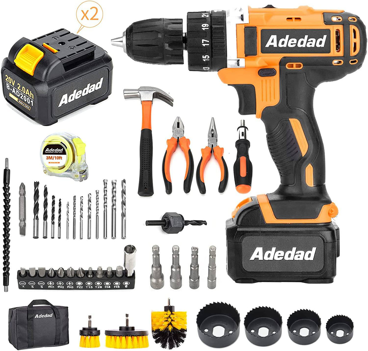 Adedad Juego de brocas inalámbricas de 20 V con 2 piezas de batería de iones de litio de 2.0 Ah y cargadores, taladro de mano eléctrico de 300 in-lb incluye 23+1 embrague de metal, 2 velocidades variables, luz LED - DIGVICE MX