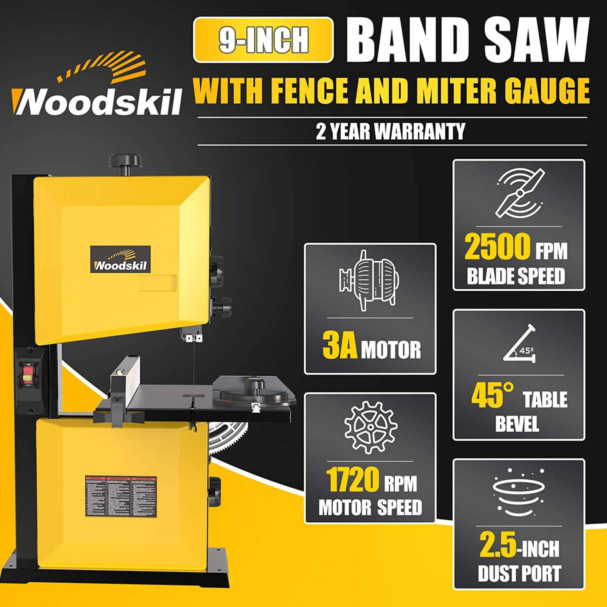 Sierra de cinta Woodskil 3A de 9 pulgadas, motor de inducción de bajo ruido de 2500FPM y 1720RPM, sierra de cinta antivibración con base de acero y mesa de aluminio fundido, llave de seguridad extraíble, sierra de cinta de banco con guía - DIGVICE MX