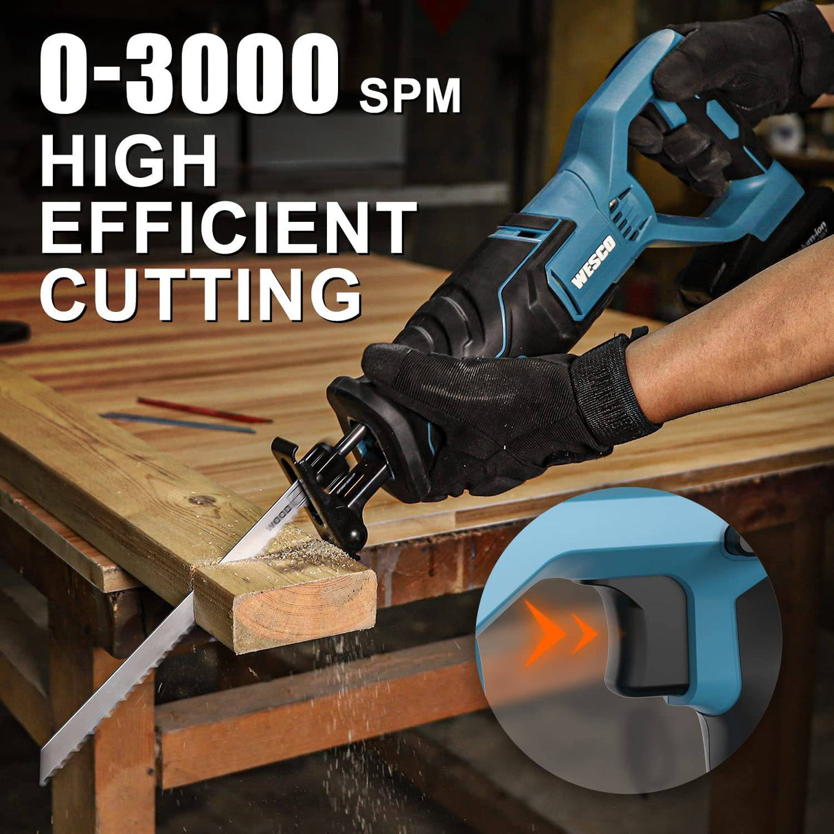 WESCO Sierra de sable inalámbrica de 20 V con 1 batería de 4,0 Ah, 6 hojas de sierra, velocidad variable 3000 SPM, longitud de carrera de 3/4", cambio de hoja sin herramientas - DIGVICE MX