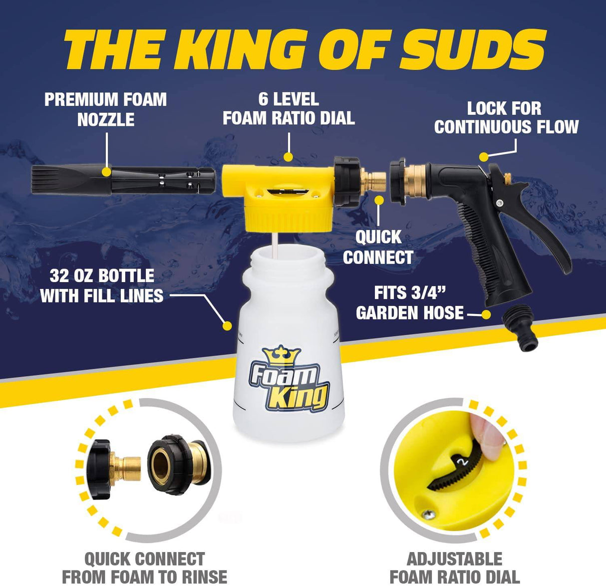 Clean Car USA - Pulverizador de lavado de autos con pistola de espuma King - The King of Suds - Limpieza definitiva sin rasguños - Se conecta a la manguera de jardín - Kit de lavado de autos con cañón de espuma