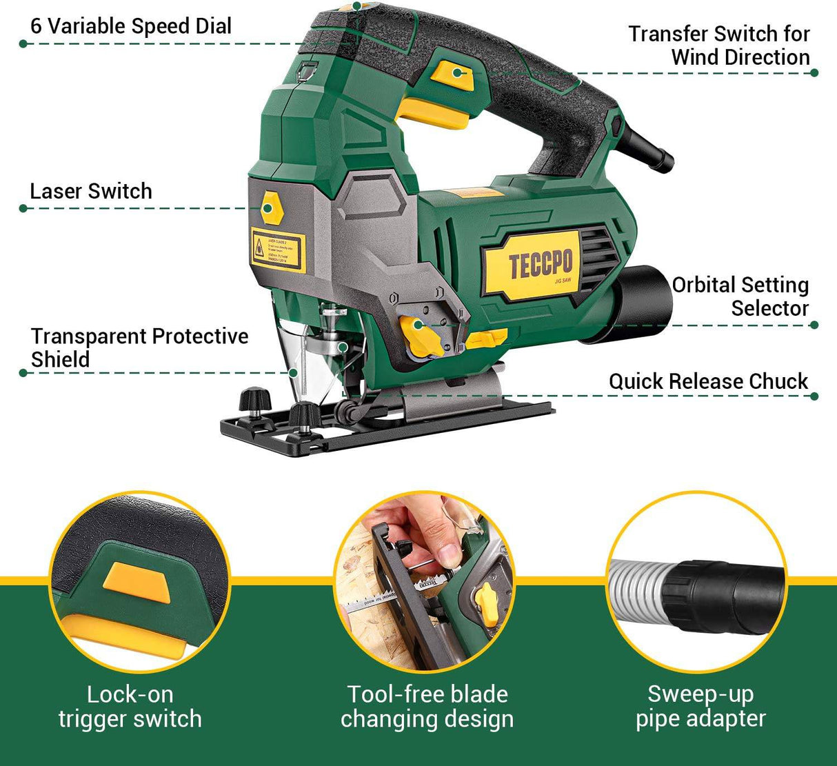 Sierra de calar, TECCPO 6.5 Amp 3000 SPM Sierra de calar con láser, 6 velocidades variables, 6 cuchillas, corte en bisel de ±45°, 4 configuraciones orbitales, motor de cobre puro, con estuche de transporte - TAJS01P - DIGVICE MX
