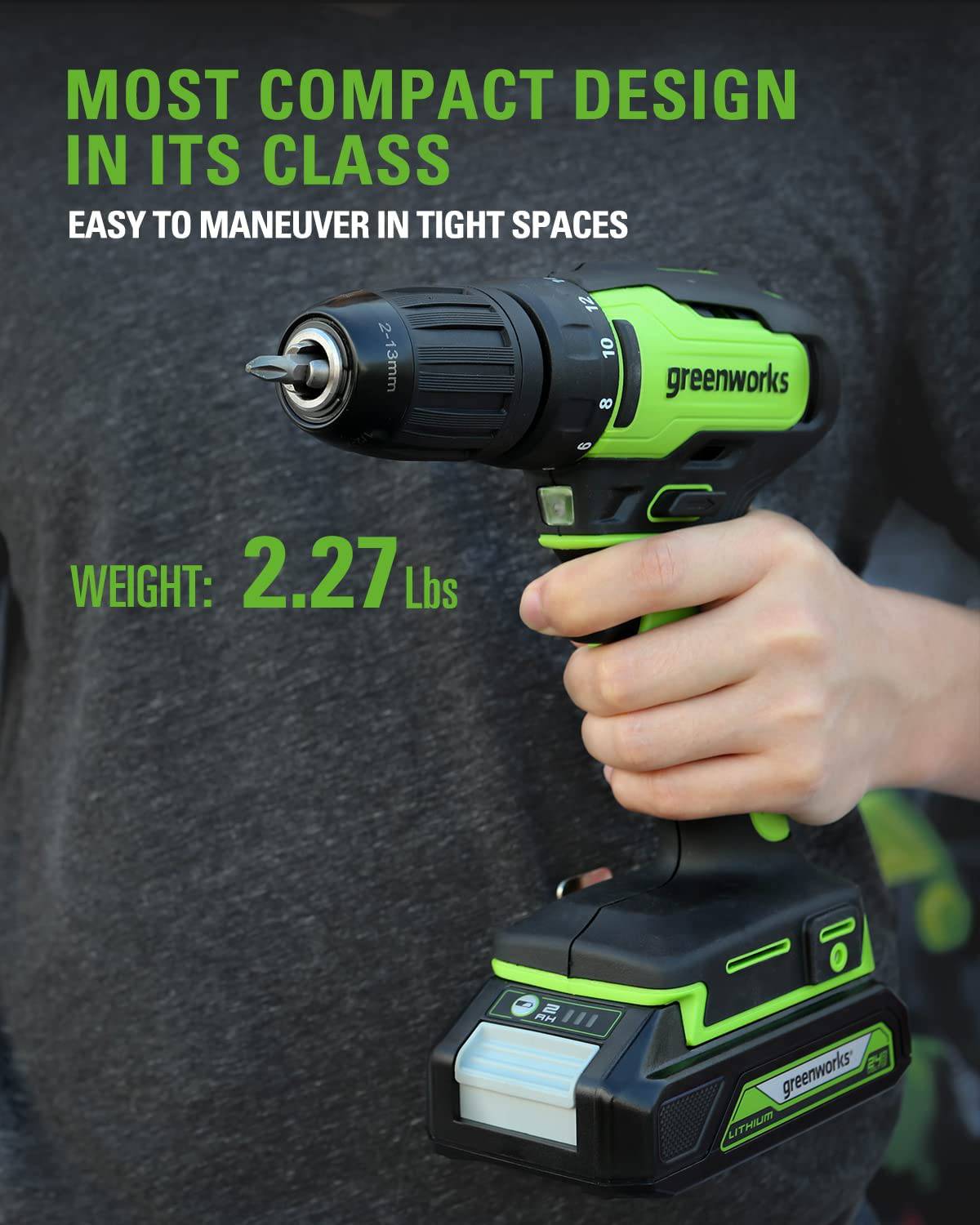 Greenworks Kit de taladro inalámbrico sin escobillas de 24 V, 310 pulgadas/libras, embrague de 18+1 posición, portabrocas sin llave de 1/2 pulgada, velocidad variable, (2) baterías de 2 Ah con cargador de 2A, luz LED, 8 brocas con bolsa de herramientas - DIGVICE MX