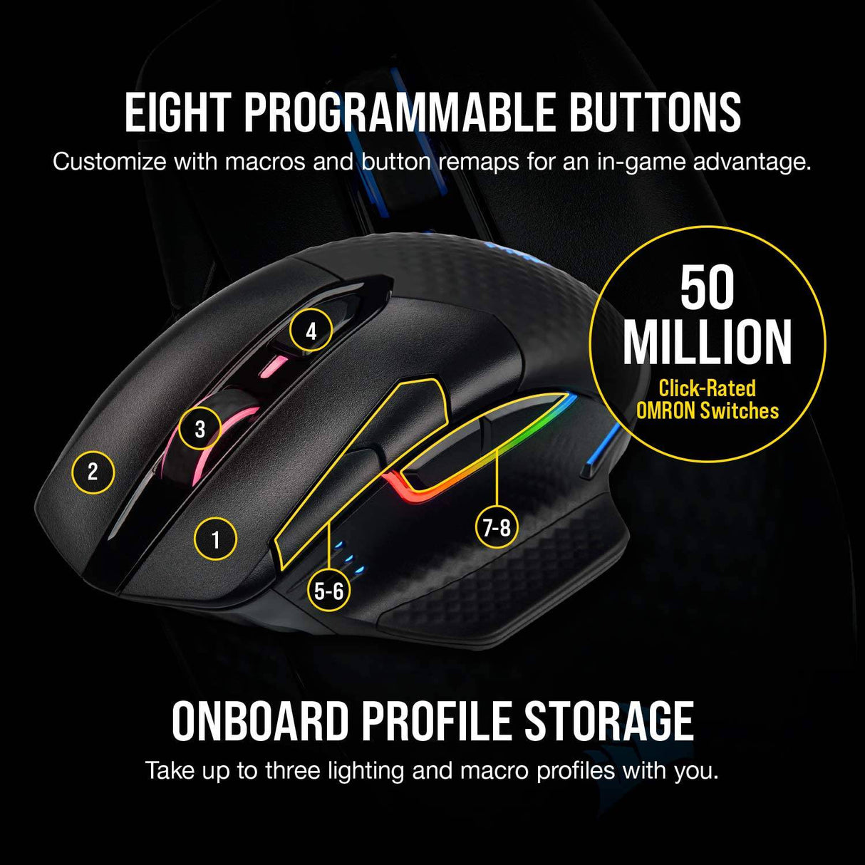 Corsair Dark Core RGB Pro, mouse inalámbrico para juegos FPS/MOBA con tecnología SLIPSTREAM, negro, LED RGB retroiluminado, 18000 DPI, óptico, CH-9315411-NA