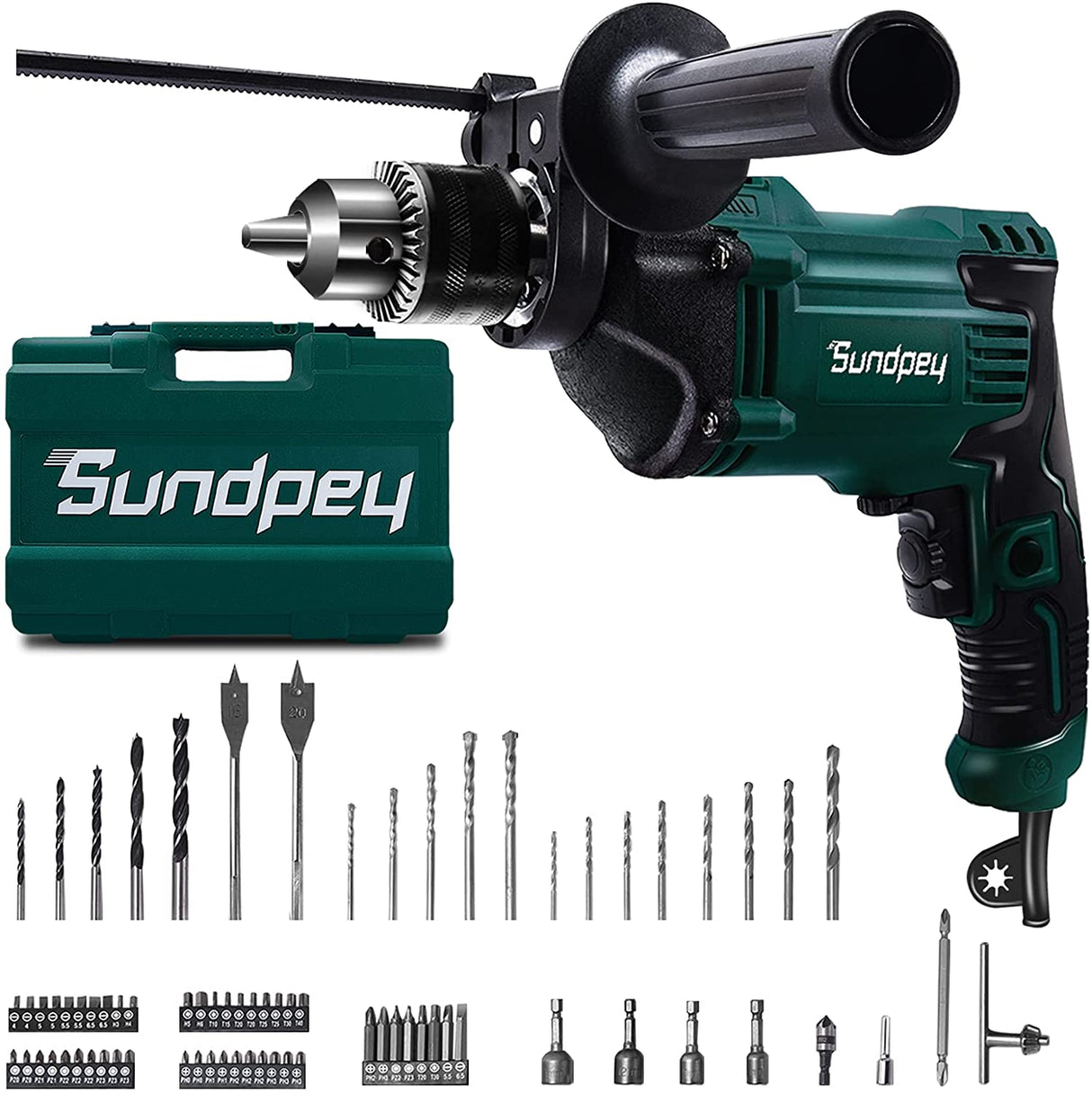 Sundpey Taladros eléctricos con cable - 1/2 pulgada 710W Velocidad variable 0-2800rpm Juego de 80 piezas Taladro de impacto con cable Dos modos Manija giratoria Medidor de profundidad para mejorar el hogar Construcción Concreto - DIGVICE MX