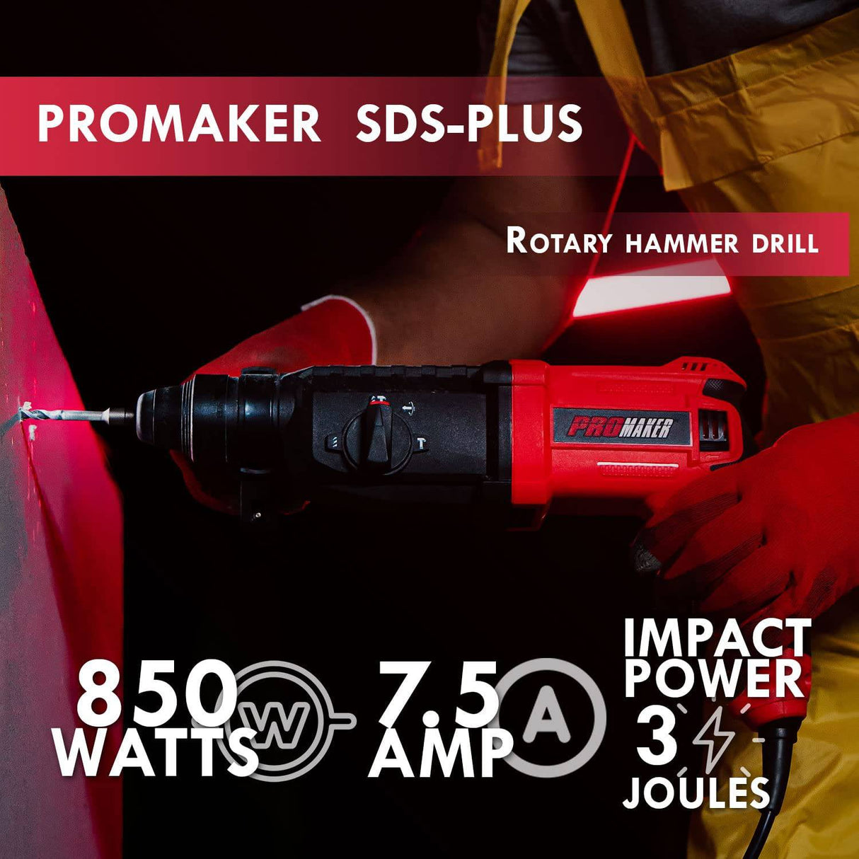 Taladro percutor PROMAKER SDS-PLUS 850W, Taladro percutor Sds 4 funciones en 1, 7,5 AMP, velocidad variable, Percutor para hormigón con maletín y accesorios, Taladro percutor Sds con cable - DIGVICE MX