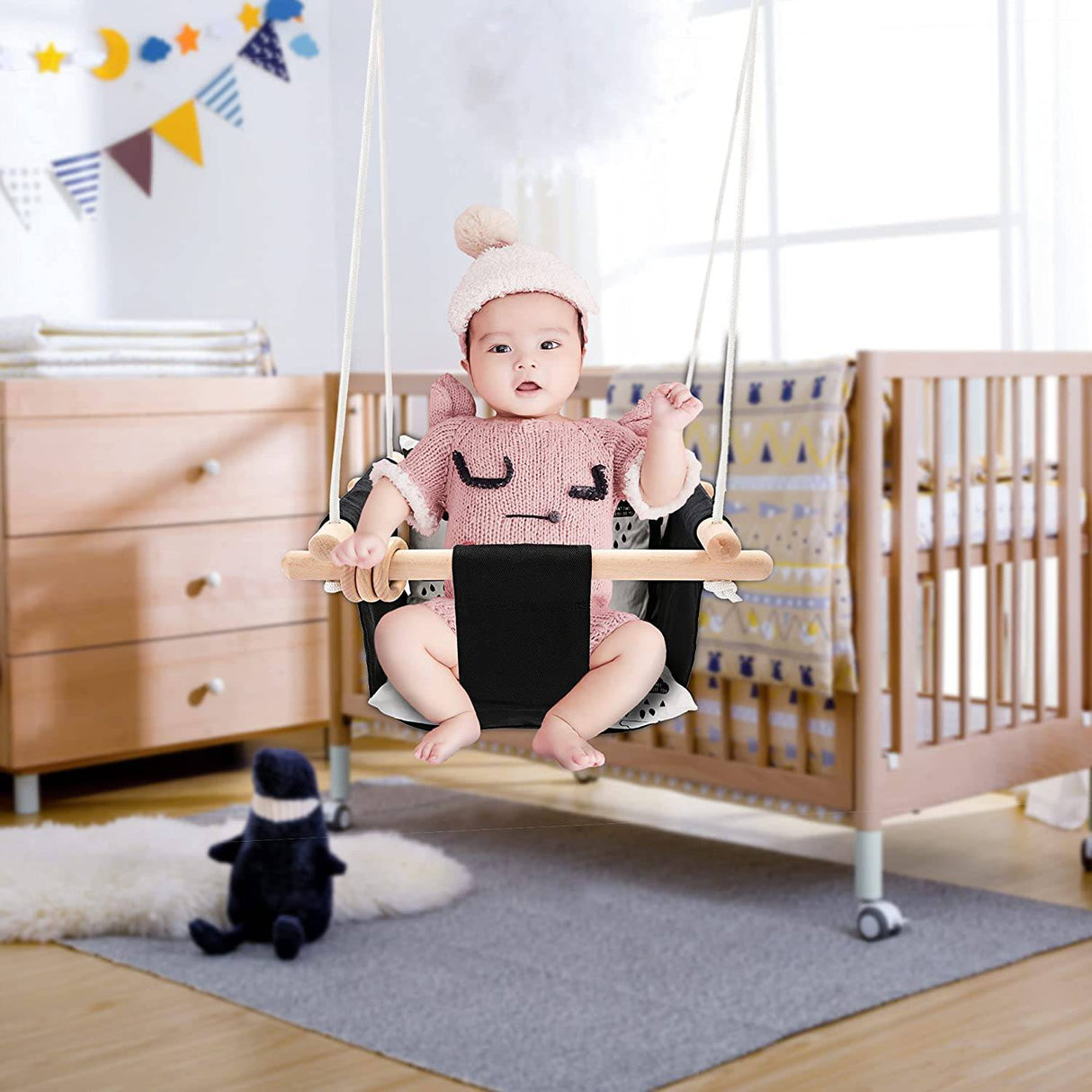 Milan Secure Canvas and Wooden Baby - Columpio exterior Juguetes para niños Columpios 6-36 meses con anillo de madera natural y cojín de nube, blanco y negro - DIGVICE MX