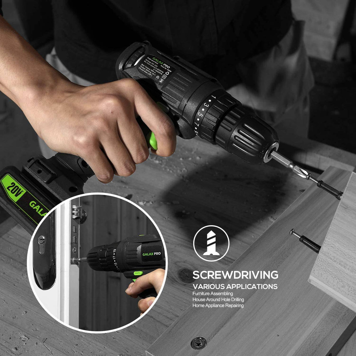 GALAX PRO Taladro compacto de 2 velocidades 20 V MAX taladro de iones de litio/controlador, taladro eléctrico de 3/8 pulgadas con ajuste de par de 19 + 1, batería de 1,3 Ah, luz de trabajo LED - DIGVICE MX