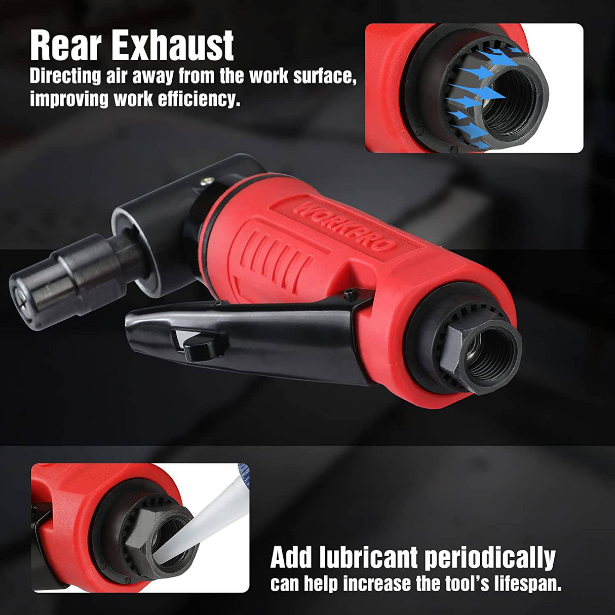 Amoladora de ángulo de aire WORKPRO, amoladora neumática de ángulo recto de 1/4 pulgadas, 20000 RPM, accionada por aire de 90 grados para moler, cortar, pulir, reparar soldadura, desbarbar, boquillas de 1/4" y 1/8" incluidas - DIGVICE MX