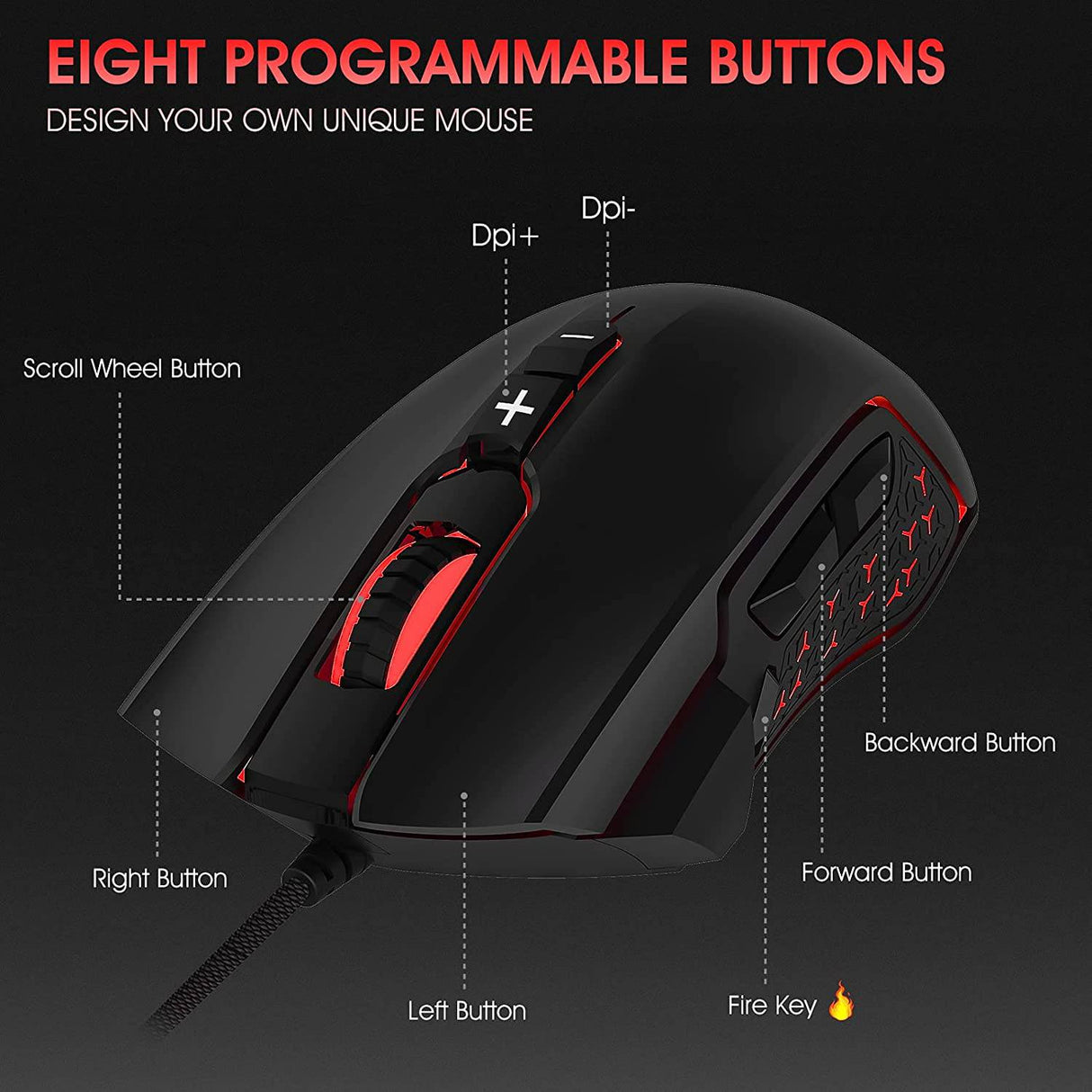 LeadsaiL Ratón para juegos con cable RGB PC Gaming Mouse, hasta 7200 DPI, 8 botones programables, retroiluminación de 6 colores, ratón óptico ergonómico con cable para computadora con botón de disparo para PC de escritorio Laptop Gamer & Work