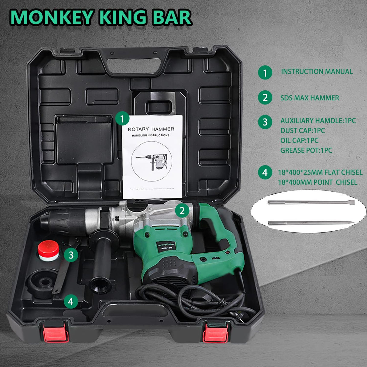 Monkey King Bar-SDS Max 120V 1500W 4200BPM Taladro percutor eléctrico rotatorio para hormigón con protección UVP contra vibraciones del usuario - Incluye kit de demolición SDS Max, cinceles planos y de punta con estuche - DIGVICE MX