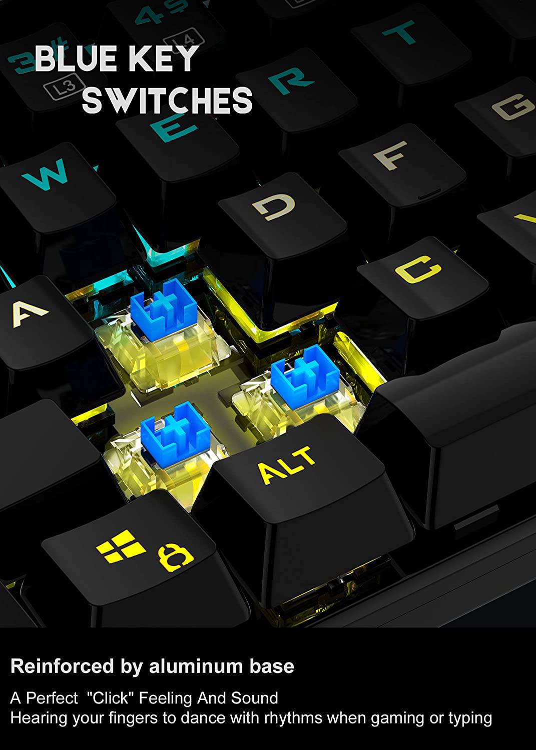 MIQ - Teclado mecánico para juegos, teclado RGB con cable de 104 teclas con interruptor azul, retroiluminación RGB programable para PC para juegos con Windows