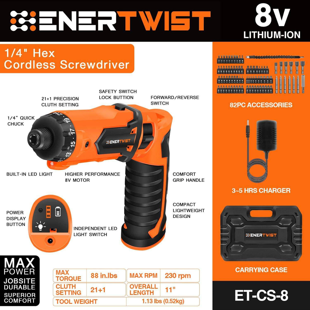 ENERTWIST Destornillador inalámbrico, 8 V máx. 10 Nm, juego recargable con 82 kit de accesorios y cargador en estuche de transporte, 21+1 Cluth, mango de doble posición, luz LED, ET-CS-8 - DIGVICE MX