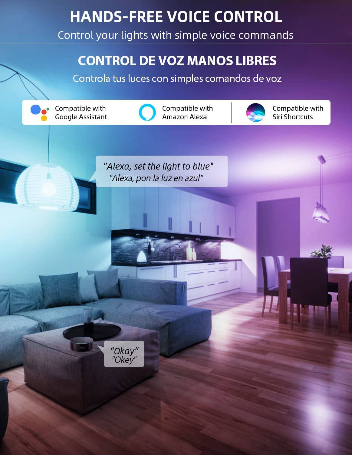 MikeWin Smart Wi-Fi Bombillas, compatibles con Alexa y Google Home Assistant (no requiere concentrador, solo 2,4 GHz), bombilla LED A19 regulable RGBCW cambio de color 2700-6500K 10 W (equivalente a 80 W) 900 lm, paquete de 4 - DIGVICE MX