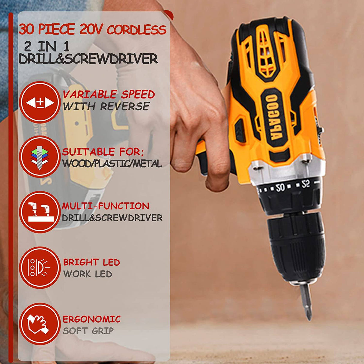 APAGOO Juego de brocas inalámbricas de 20 V, 30 unidades, 2 baterías de 2.0 Ah de 310 libras con ajuste de par de 25+2, taladro eléctrico sin llave de 3/8 pulgadas para metal, madera, perforación de azulejos de cerámica - DIGVICE MX