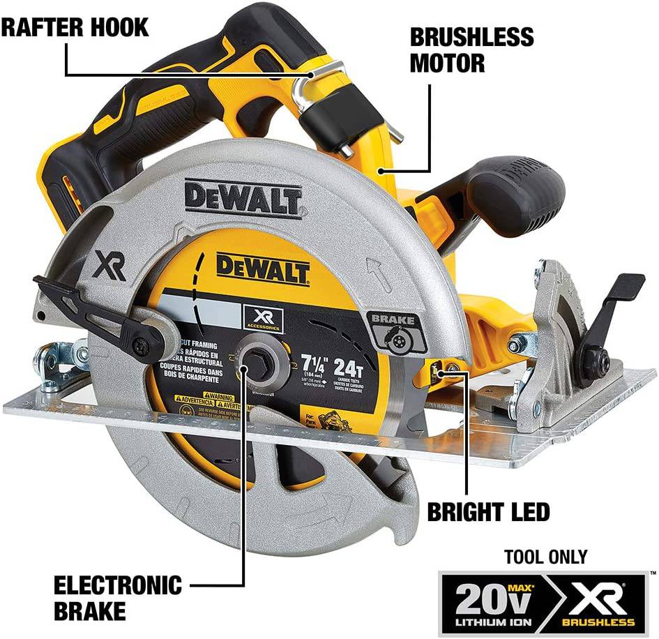 Sierra circular DEWALT 20V MAX 7-1/4 pulgadas con freno, solo herramienta, inalámbrica (DCS570B) - DIGVICE MX