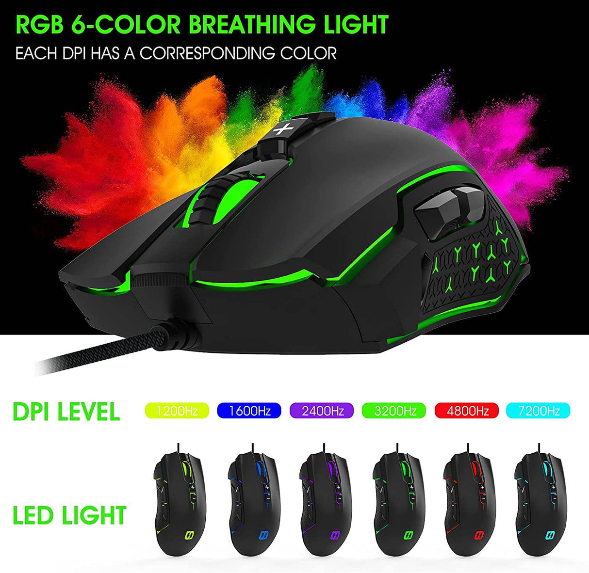 LeadsaiL Ratón para juegos con cable RGB PC Gaming Mouse, hasta 7200 DPI, 8 botones programables, retroiluminación de 6 colores, ratón óptico ergonómico con cable para computadora con botón de disparo para PC de escritorio Laptop Gamer & Work