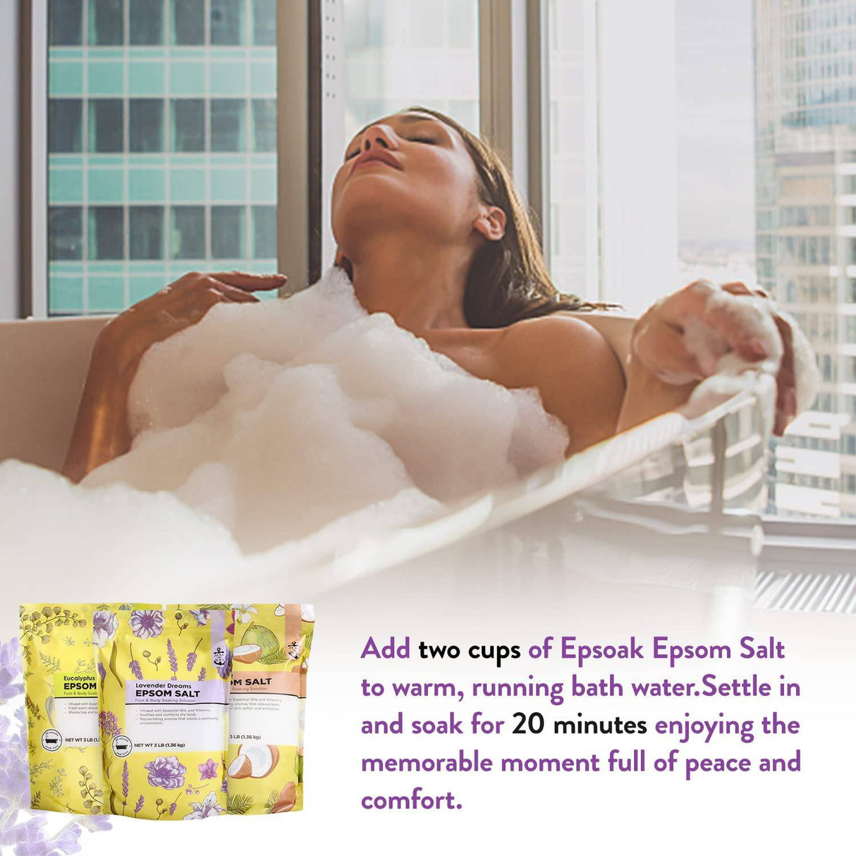 Seas the Day - Sal de Epsom para remojo, sales de baño con lavanda y coco y aroma de menta Eucalyplus 3 lb, juego de spa a granel de sales de Epsom para mujeres relajantes 3 lb x 3 piezas