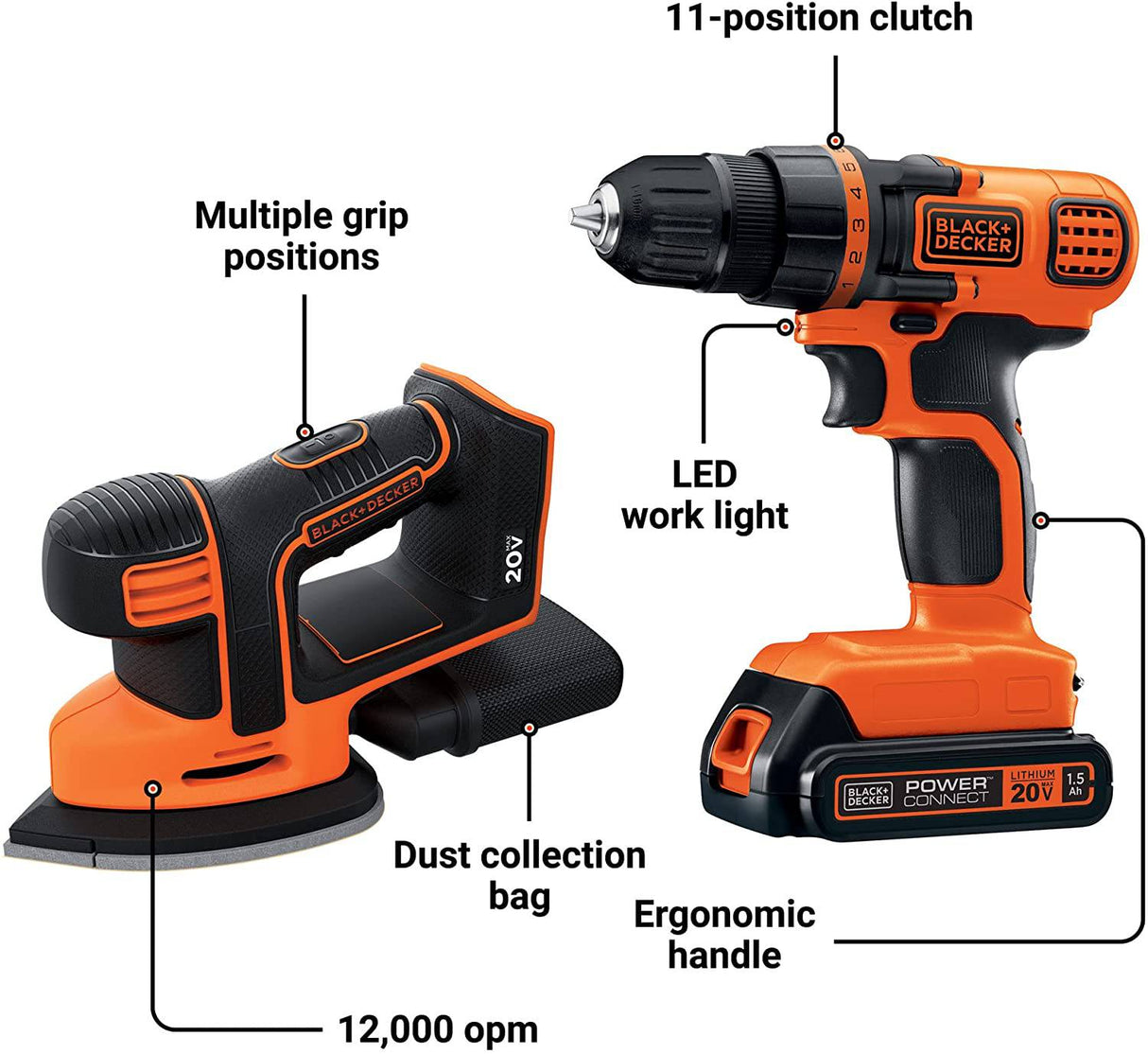 BLACK+DECKER 20V MAX* POWERCONNECT Taladro/destornillador inalámbrico + MOUSE Kit combinado de lijadora de detalles (BD2KITCDDS) - DIGVICE MX
