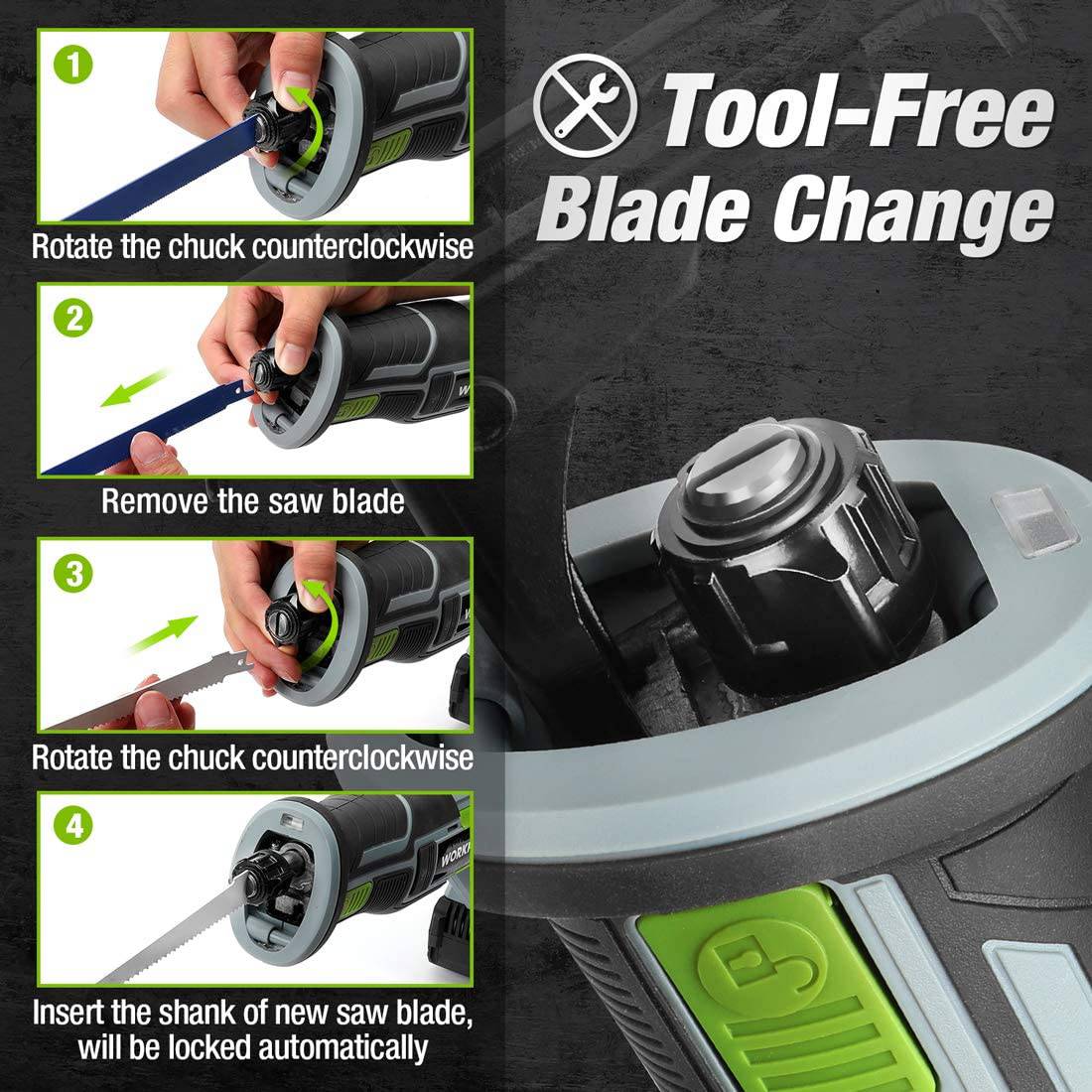 Sierra recíproca inalámbrica WORKPRO, batería de 20 V 4,0 Ah, longitud de carrera de 1 pulgada, 4 hojas de sierra para corte de madera y metal incluidas - DIGVICE MX