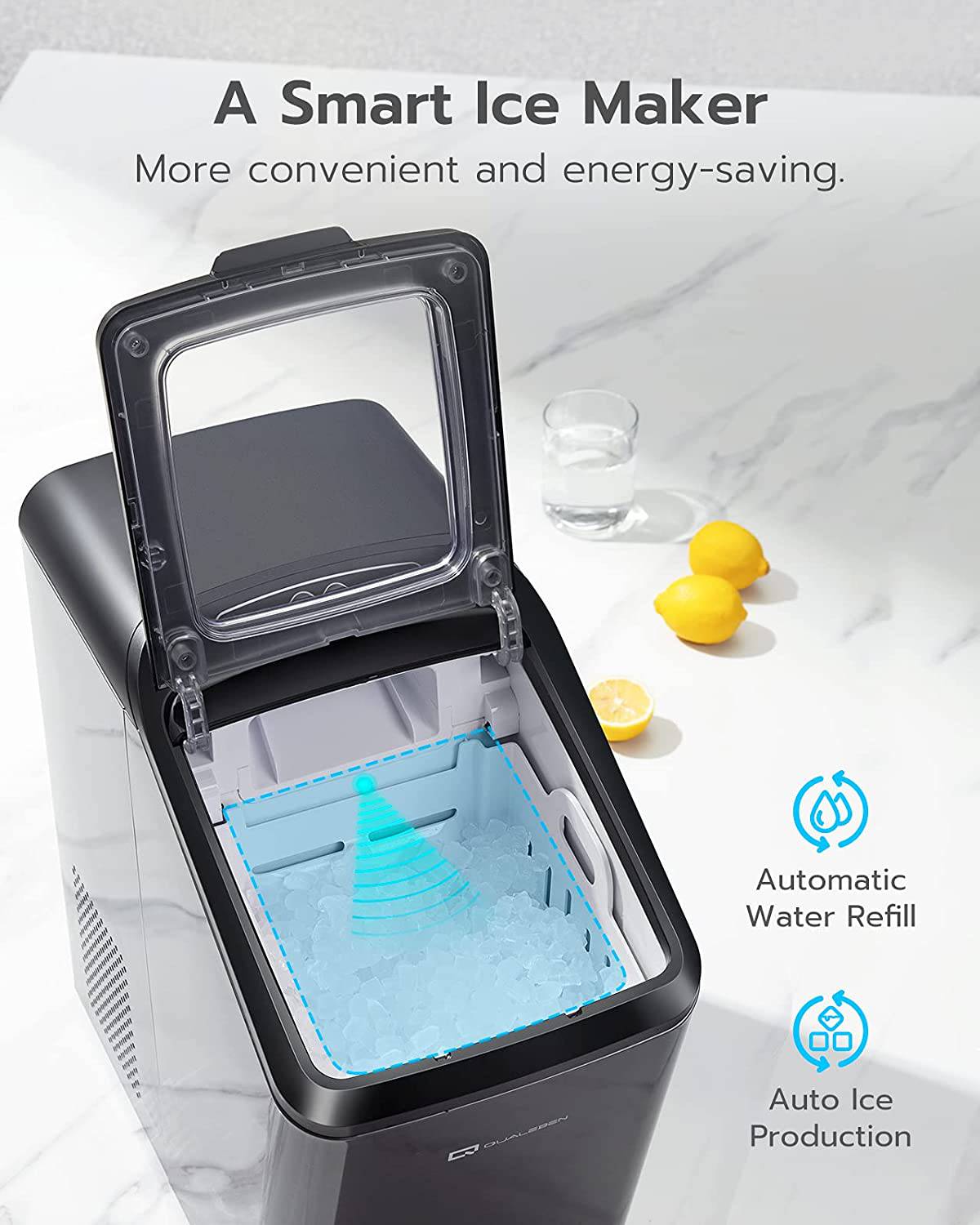 Qualeben - Máquina de pepitas de hielo sónica para encimera con autolimpieza; con recarga de agua automática; producción de 26 libras al día de hielo masticable y crujiente - DIGVICE MX
